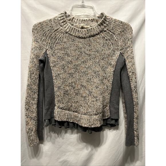 Moth Small Anthropologie Open Knit Crew Neck Sweater Ruffle Hem Cotton Wool - Picture 1 of 14